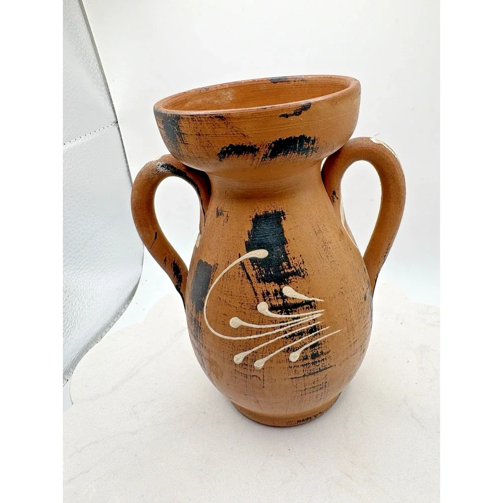 Vintage Double Handled Vase Made In Italy Clay Handmade Handpainted Rose Flower